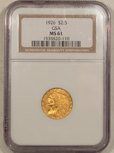 $2.50 1926 $2.50 INDIAN GOLD QUARTER EAGLE – NGC MS-61, GSA HOARD! TOUGH!