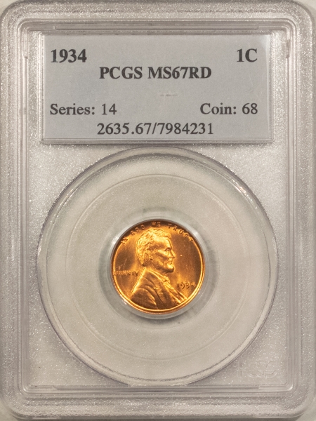 Lincoln Cents (Wheat) 1934 LINCOLN CENT – PCGS MS-67 RD, SUPERB GEM!