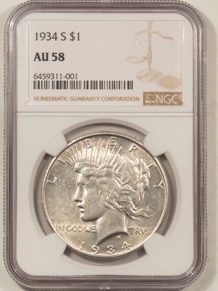 Peace Dollars 1934-S PEACE DOLLAR – NGC AU-58, WHITE & FLASHY, KEY DATE!