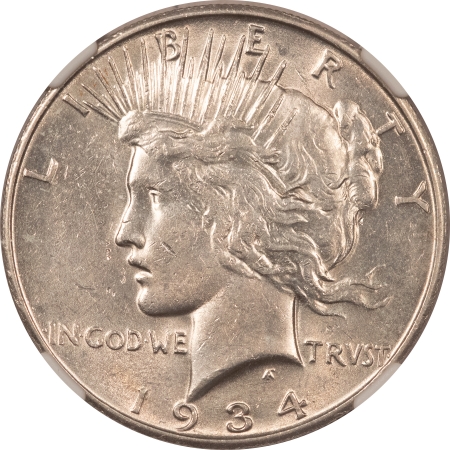 Peace Dollars 1934-S PEACE DOLLAR – NGC AU-58, WHITE & FLASHY, KEY DATE!