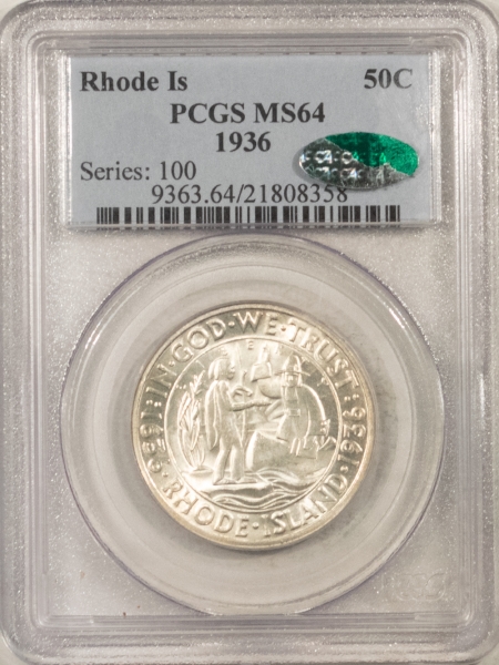 CAC Approved Coins 1936 RHODE ISLAND COMMEMORATIVE HALF DOLLAR, PCGS MS-64 CAC, FLASHY & PQ!