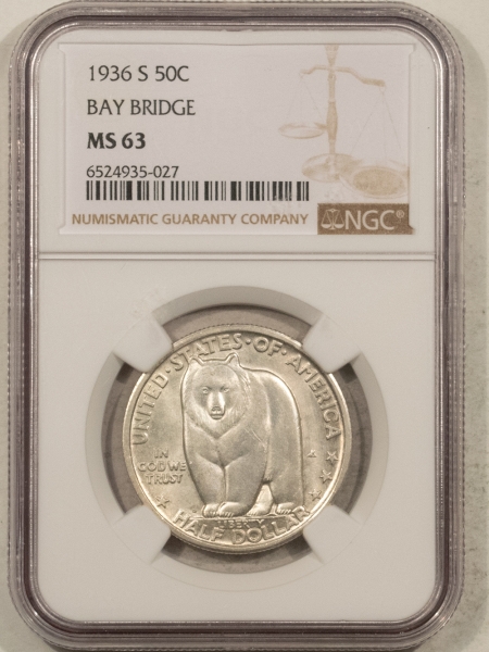 New Certified Coins 1936-S BAY BRIDGE COMMEMORATIVE HALF DOLLAR – NGC MS-63, WHITE!