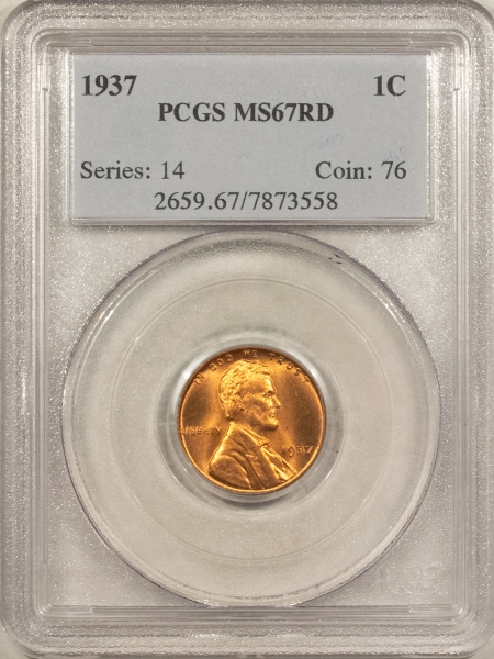 Lincoln Cents (Wheat) 1937 LINCOLN CENT – PCGS MS-67 RD, SUPERB GEM!