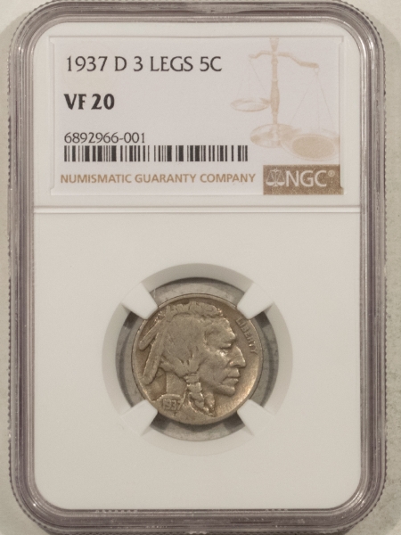 Buffalo Nickels 1937-D 3 LEGS BUFFALO NICKEL – NGC VF-20, KEY-DATE!