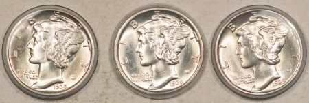 New Store Items 1938-P/D/S MERCURY DIMES, LOT OF 3 – UNCIRCULATED, 2 HAVE CLAIMS TO CHOICE!