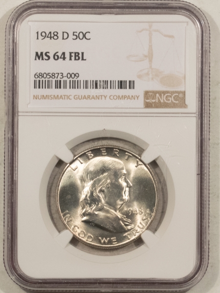 Franklin Halves 1948-D FRANKLIN HALF DOLLAR – NGC MS-64 FBL, BLAST WHITE!