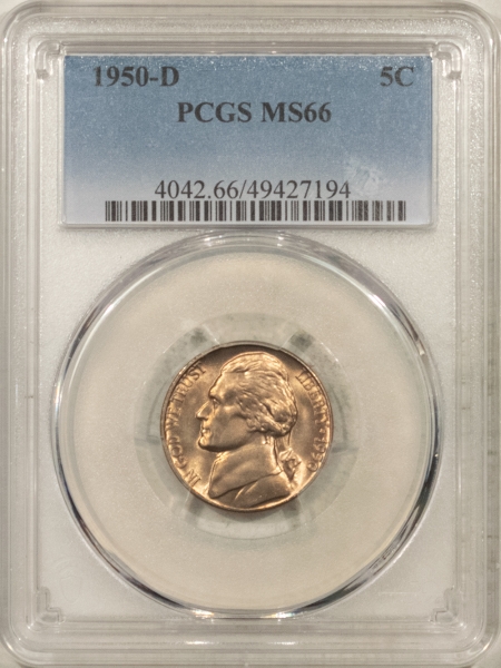 Jefferson Nickels 1950-D JEFFERSON NICKEL – PCGS MS-66, VIRTUALLY FS!