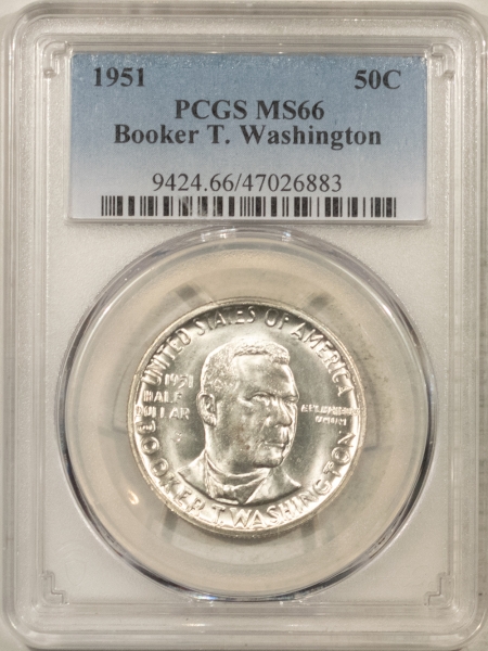 New Certified Coins 1951 BOOKER T WASHINGTON COMMEMORATIVE HALF DOLLAR – PCGS MS-66, BLAST WHITE!