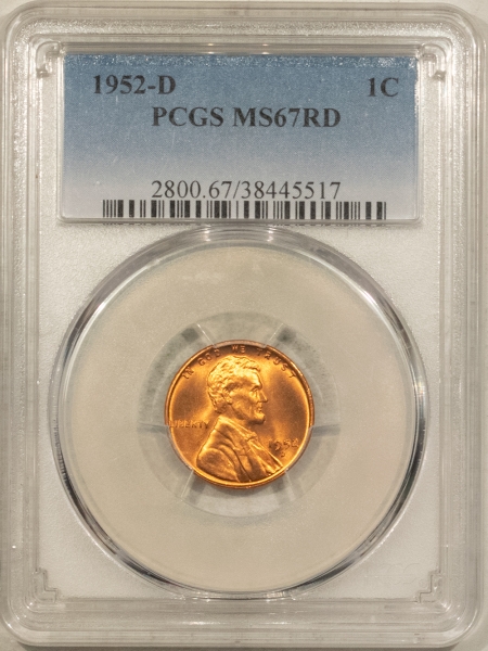 Lincoln Cents (Wheat) 1952-D LINCOLN CENT – PCGS MS-67 RD, SUPERB RED GEM!