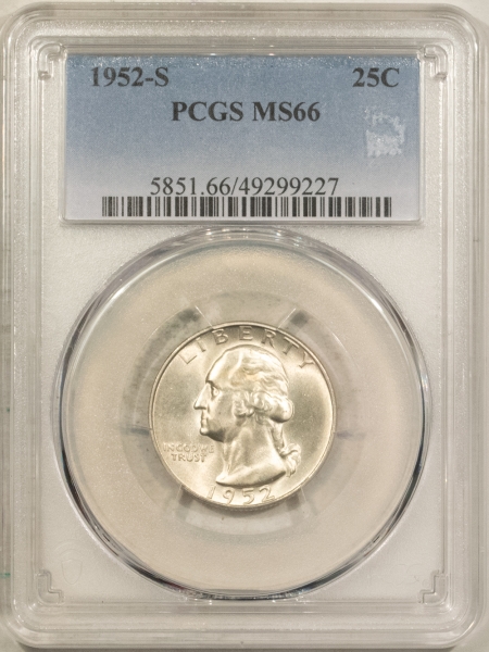 New Certified Coins 1952-S WASHINGTON QUARTER – PCGS MS-66, FRESH & PQ!