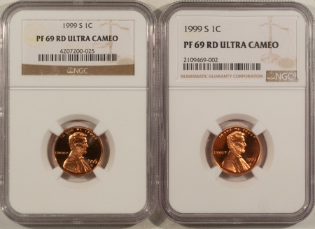 Lincoln Cents (Memorial) 1999-S PROOF LINCOLN CENTS, LOT OF 2 COINS – NGC PF-69 RD ULTRA CAMEO