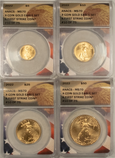 American Gold Eagles, Buffaloes, & Liberty Series 2022 AMERICAN GOLD EAGLE 4 COIN SET 1.85 OZ AGW ANACS MS70 FIRST STRIKE 10 OF 75