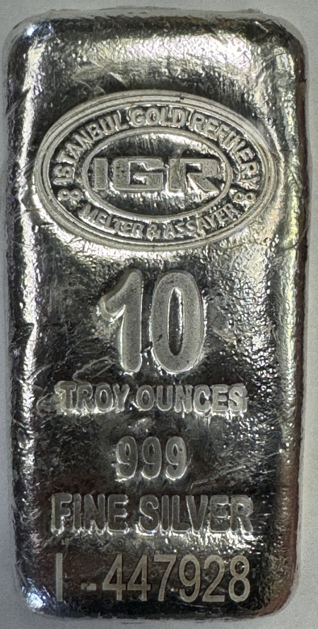 Bullion 10 OZ .999 FINE SILVER BAR, IGR REFINERY, SHRINK WRAPPED W/ SERIAL NUMBER & COA