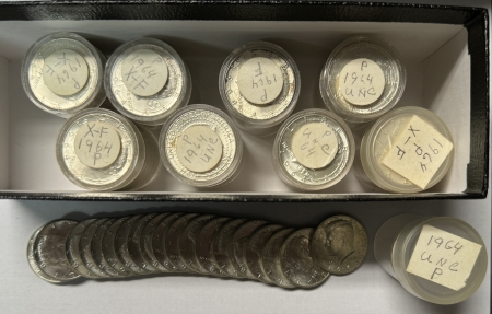 Bullion 1964 90% SILVER KENNEDY HALF DOLLARS, LOT OF 9 ROLLS, $90 FV, 180 COINS, AU-UNC