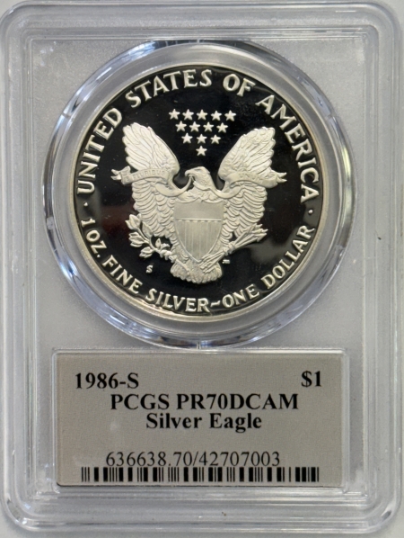 American Silver Eagles 1986-S PROOF AMERICAN SILVER EAGLE 1 OZ PCGS PR-70 DCAM, CLEVELAND MINT MASTER