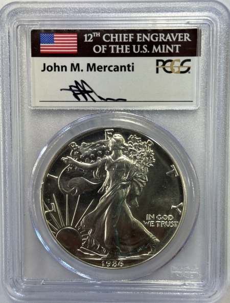 American Silver Eagles 1986 $1 AMERICAN SILVER EAGLE, 1 OZ – PCGS MS-69, JOHN M. MERCANTI SIGNATURE