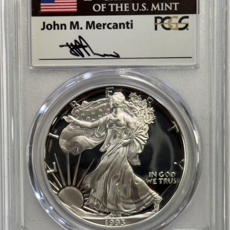 American Silver Eagles 1993-P 1 OZ PROOF AMERICAN SILVER EAGLE – PCGS PR-70 DCAM, RARE MERCANTI HOLDER