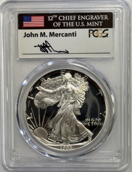 American Silver Eagles 1993-P 1 OZ PROOF AMERICAN SILVER EAGLE – PCGS PR-70 DCAM, RARE MERCANTI HOLDER