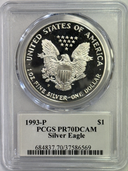 American Silver Eagles 1993-P 1 OZ PROOF AMERICAN SILVER EAGLE – PCGS PR-70 DCAM, RARE MERCANTI HOLDER