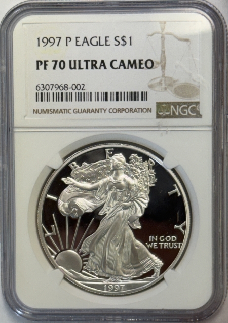 American Silver Eagles 1997-P 1 OZ PROOF AMERICAN SILVER EAGLE PCGS PR-70 ULTRA CAMEO PERFECT SPOT-FREE