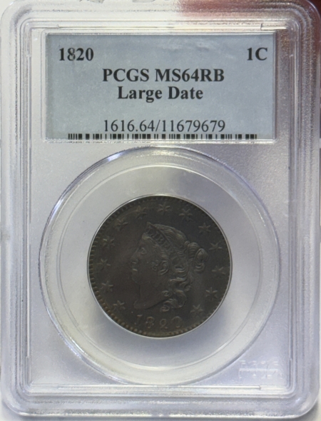 Coronet Head Large Cents 1820 CORONET HEAD LARGE CENT, LARGE DATE – PCGS MS-64 RB, ATTRACTIVE!