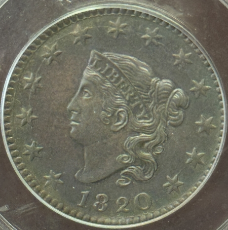 Coronet Head Large Cents 1820 CORONET HEAD LARGE CENT, LARGE DATE – PCGS MS-64 RB, ATTRACTIVE!