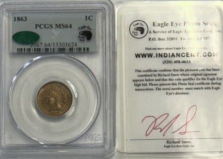 CAC Approved Coins 1863 INDIAN CENT – PCGS MS-64, PREMIUM QUALITY+ & CAC APPROVED! EAGLE EYE SEAL