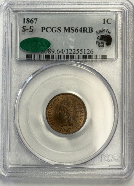 CAC Approved Coins 1867 INDIAN CENT, S-5 – PCGS MS-64 RB, PREMIUM QUALITY! CAC APPROVED! EAGLE EYE