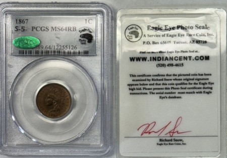 CAC Approved Coins 1867 INDIAN CENT, S-5 – PCGS MS-64 RB, PREMIUM QUALITY! CAC APPROVED! EAGLE EYE