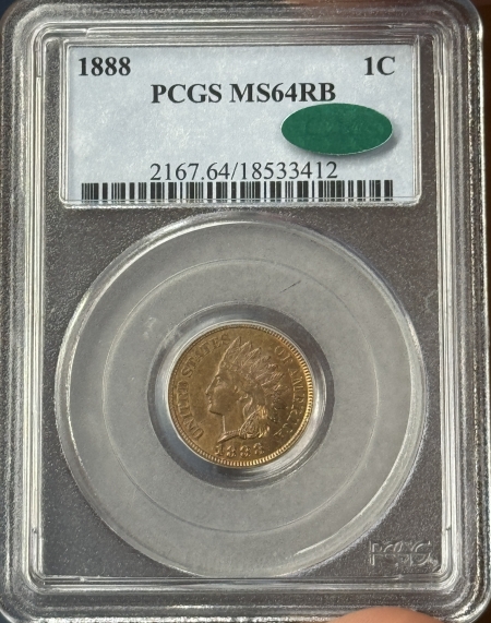 CAC Approved Coins 1888 INDIAN CENT – PCGS MS-64 RB, PREMIUM QUALITY AND CAC APPROVED!