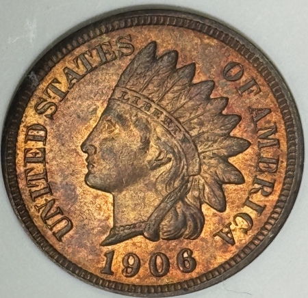 Indian 1906 INDIAN CENT – ANACS MS-64 RB, PREMIUM QUALITY & LOOKS GEM! OLD HOLDER!