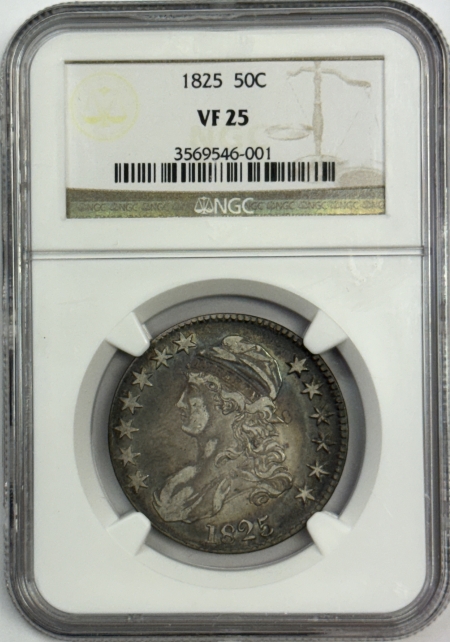 Early Halves 1825 CAPPED BUST HALF DOLLAR – NGC VF-25, LOVELY COLOR!