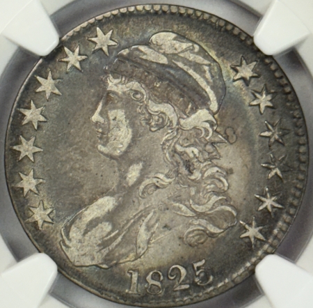 Early Halves 1825 CAPPED BUST HALF DOLLAR – NGC VF-25, LOVELY COLOR!