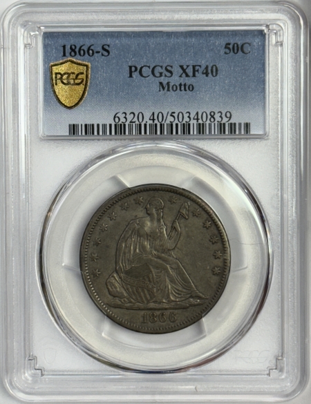 Liberty Seated Halves 1866-S SEATED LIBERTY HALF DOLLAR, MOTTO – PCGS XF-40, NICE, ORIGINAL, TOUGH!