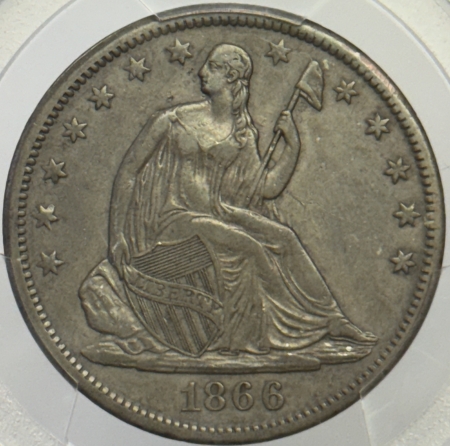 Liberty Seated Halves 1866-S SEATED LIBERTY HALF DOLLAR, MOTTO – PCGS XF-40, NICE, ORIGINAL, TOUGH!