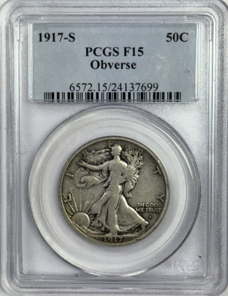 New Certified Coins 1917-S WALKING LIBERTY HALF DOLLAR, REVERSE – PCGS F-15, ORIGINAL & LOOKS VF!