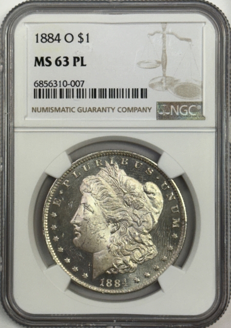 Morgan Dollars 1884-O $1 MORGAN DOLLAR – NGC MS-63 PL, PROOFLIKE W/ STRONG MIRRORS!