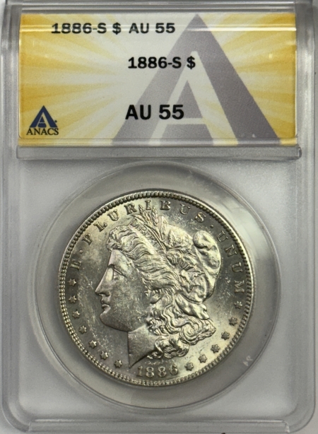 Morgan Dollars 1886-S $1 MORGAN DOLLAR – ANACS AU-55, NICE FLASHY, LOOKS UNC!