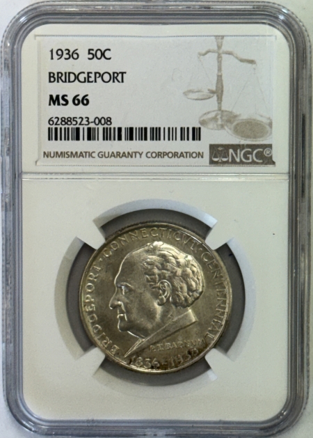 New Certified Coins 1936 BRIDGEPORT COMMEMORATIVE HALF DOLLAR – NGC MS-66, FRESH, ORIGINAL WHITE!