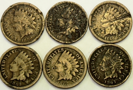 New Store Items 1859 X2, 1860, 1862 X2, 1863 INDIAN CENTS, LOT OF 6, C/N EARLY – CULL/FILLER