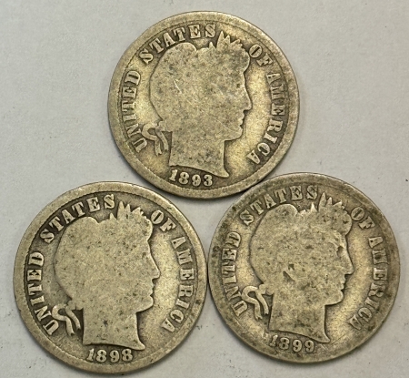 Barber Dimes 1893 1898 1899 BARBER DIMES, LOT OF 3 – PLEASING CIRCULATED EXAMPLES!