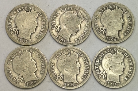 Barber Dimes 1901-O – 1911-D BARBER DIMES, LOT OF 6 – PLEASING CIRCULATED EXAMPLES!