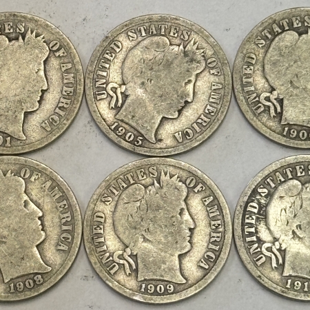 New Store Items 1901-O – 1911-D BARBER DIMES, LOT OF 6 – PLEASING CIRCULATED EXAMPLES!