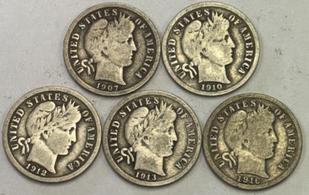 New Store Items 1907 – 1916 BARBER DIMES, LOT OF 5 – NICE PLEASING CIRCULATED EXAMPLES, VG/VG+