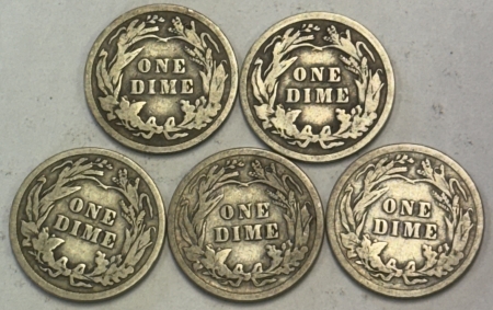 New Store Items 1907 – 1916 BARBER DIMES, LOT OF 5 – NICE PLEASING CIRCULATED EXAMPLES, VG/VG+