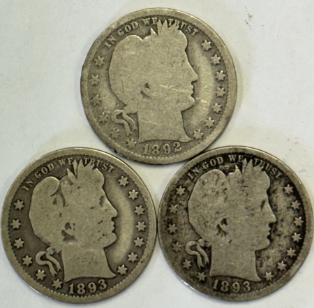 New Store Items 1892 1893 X2 BARBER QUARTERS, LOT OF 3 – CIRCULATED!