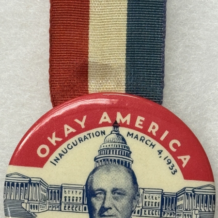 Political 1933 ROOSEVELT, FDR INAUGURAL 2″ GRAPHIC “OK AMERICA” CELLO BUTTON-SCARCE & MINT