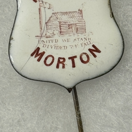 New Store Items 1888 HARRISON-MORTON 1 1/4″ PORCELAIN STICK PIN W/ LOG CABIN-SCARCE & MINT!