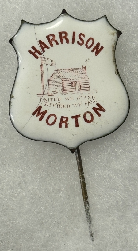 New Store Items 1888 HARRISON-MORTON 1 1/4″ PORCELAIN STICK PIN W/ LOG CABIN-SCARCE & MINT!