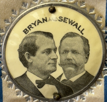 New Store Items 1896 BRYAN-SEWALL 1 3/4″ CELLO, 2″ x 6″ SILK “16 TO 1-FREE SILVER” RIBBON-EXC!